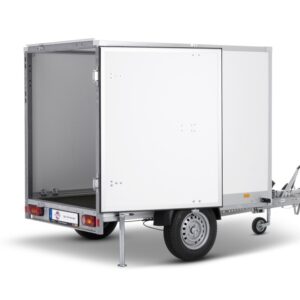 Kofferanhänger STPK O2 13-25-15.1.P15.1 Hecktür, P-Box gebremst, Plywood mit 1 x großer Hecktür und 2 x Abstellstütze